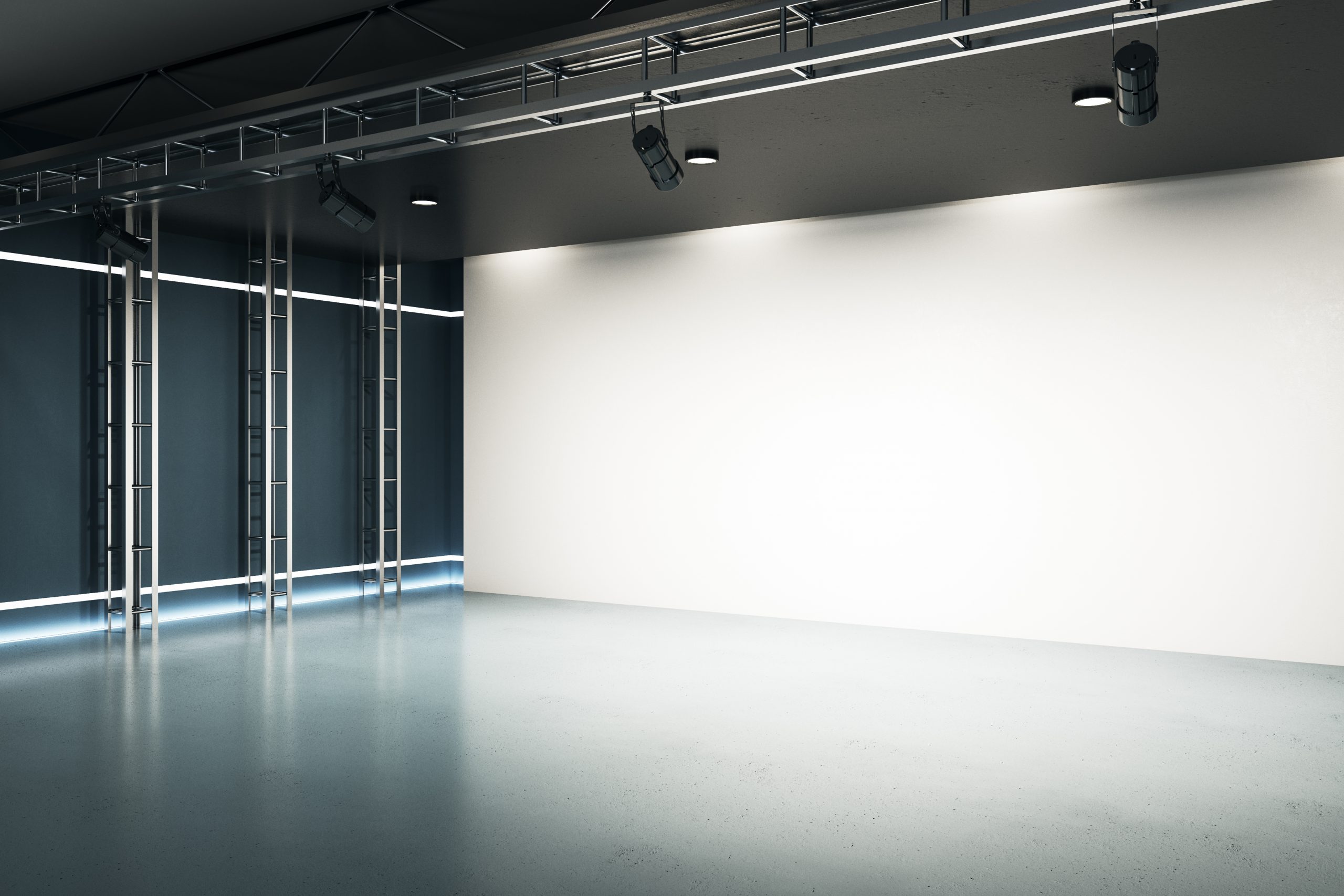 Modern spacious industrial style hall with big blank white home cinema screen with projectors, dark glossy floor and glowing led lights on walls. Mockup. 3D rendering