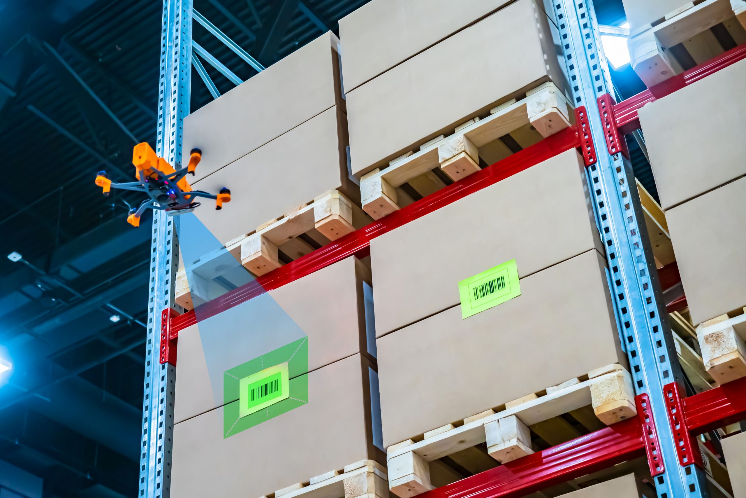 Drone,Scans,Barcode.,Modern,Warehouse.,Inventory,In,Stock.,Drone,Reads